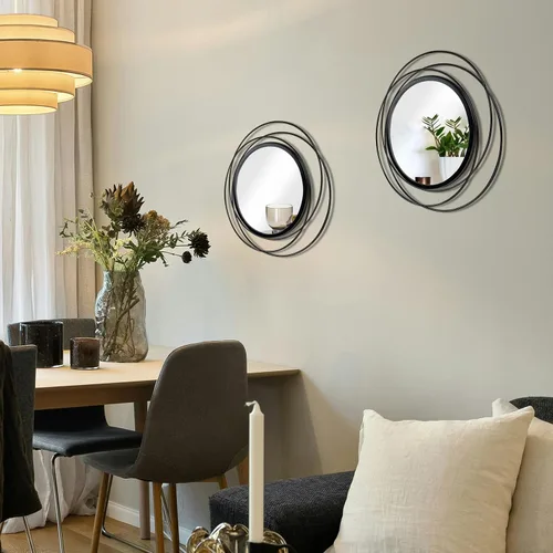 Miniatura 5 de Juego de 2 espejos circulares negros de 33.7 cm, marco de hierro, decoración de pared del hogar, espejos redondos colgantes para sala de estar