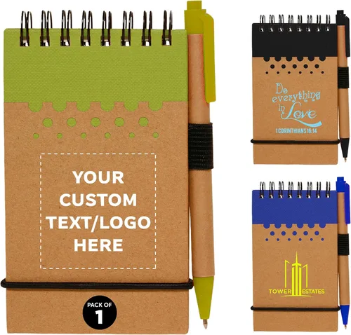 DISCOUNT PROMOS 1 paquete de cuadernos pequeños en espiral reciclables, texto personalizable, logotipo, 60 páginas rayadas, color verde lima