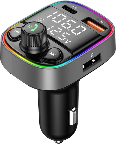 LIHAN Adaptador Bluetooth 5.4 Bluetooth para automóvil, transmisor FM con carga rápida QC3.0/Tipo-C 42W, pantalla LED dual, graves de alta