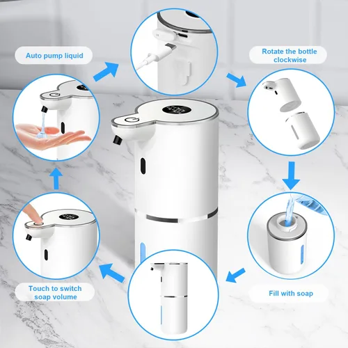 Miniatura 2 de Dispensador Automático de Jabón Líquido, 6 Niveles Ajustables, Dispensador de Jabón de Montaje en Pared, Recargable por USB con Pantalla LED, 12.8oz