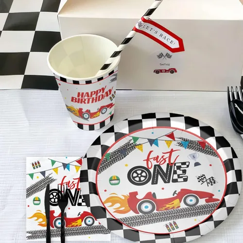 Miniatura 7 de Xigejob Suministros para fiesta de primer cumpleaños de coche de carreras, decoración rápida de un cumpleaños, vajilla, plato de papel, servilleta