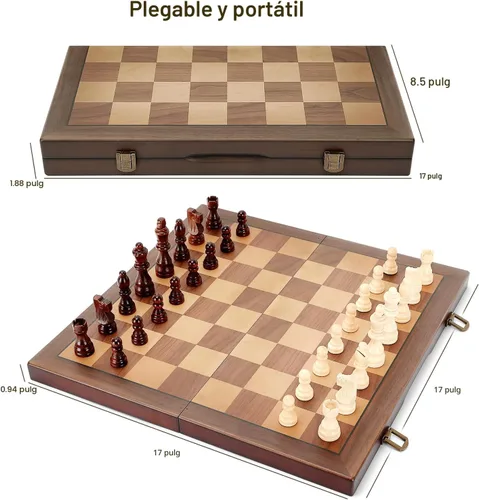 Miniatura 4 de Juego de ajedrez magnético de madera para adultos y niños, tablero de ajedrez de 12 pulgadas con piezas hechas a mano, plegable, portátil, único