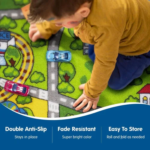 Miniatura 3 de Booooom Jackson Alfombra Infantil de Tren y Ciudad - Antideslizante, Lavable, Pista de Carreras de Coches para Niños y Niñas