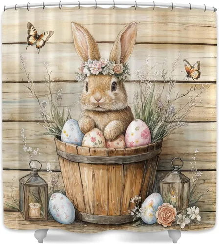 Miniatura 11 de Wathon Bonita cortina de ducha de conejo de Pascua, juego de decoración de baño con mariposa floral, tela de tela, juego de decoración de baño