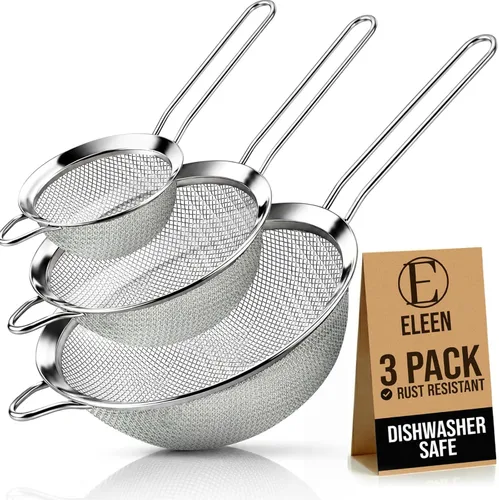 ELEEN Coladores de Malla Fina de Acero Inoxidable Premium para Cocina, Juego de 3 Piezas con Mango Antideslizante, Tamices Pequeños, Medianos y