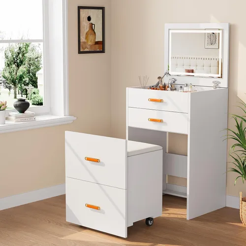 Miniatura 10 de Pequeño escritorio de maquillaje con espejo y luces, juego de tocador compacto 3 en 1, mesita de noche, tocador con silla enrollable ajustable