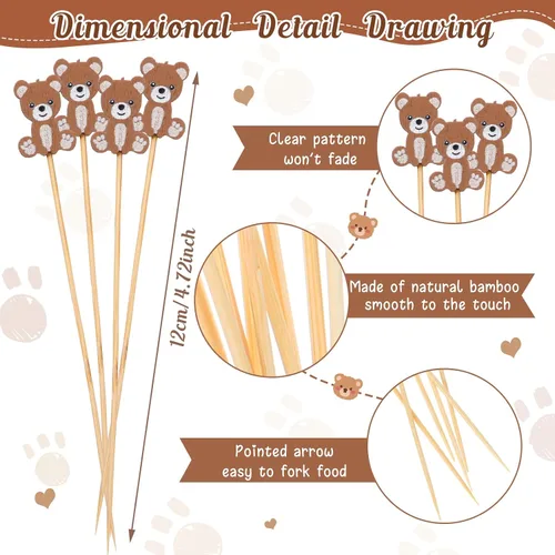 Miniatura 2 de Tioncy 100 unidades de palillos de cóctel con diseño de oso, palillos de dientes de oso de 4.7 pulgadas para aperitivos, pinchos de bambú