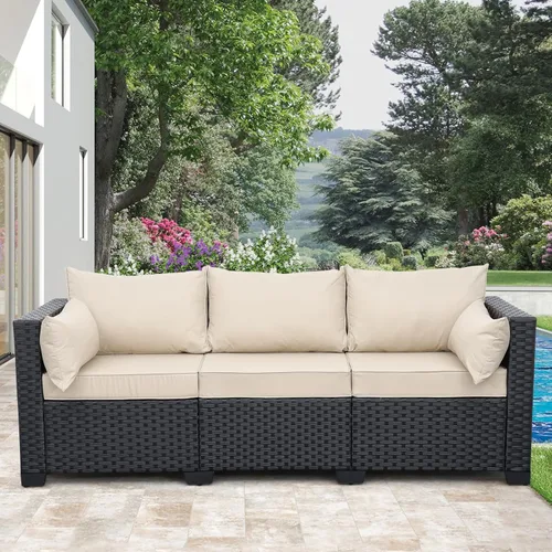 Rattaner Muebles de patio, sofá de mimbre de 3 asientos, muebles de exterior, sofá de exterior, asiento profundo, respaldo alto, funda impermeable,