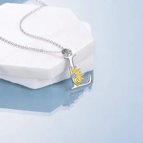 Miniatura 3 de POPLYKE Collar de girasol con inicial, regalos de girasol para mujeres y niñas, letra del alfabeto, letra y nombre, Plata esterlina, cristal