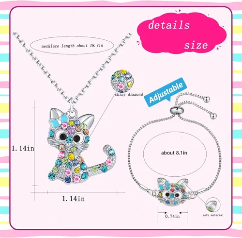 Miniatura 3 de Precioso juego de joyas de gato con diamantes de imitación arcoíris para niñas, collar con colgante para niña, pulsera para niña, regalo de joyería
