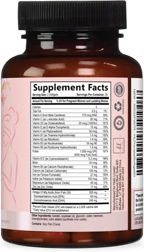 Miniatura 9 de Vitaminas prenatales para mujeres con ácido fólico + Omega 3 DHA para apoyo al desarrollo fetal - Suplemento vitamínico prenatal para mamá y bebé
