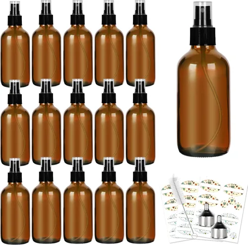 CycleMore 120ml 16Pcs 4oz Botellas de vidrio ámbar con rociadores de niebla fina, botellas de viaje de vidrio para aceites esenciales cosméticos,