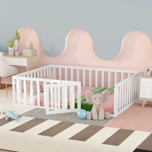 Miniatura 17 de Cama de suelo para niños tamaño Queen con valla, cama de madera con puerta, barandillas en forma de valla, cama de valla para niños, fácil montaje