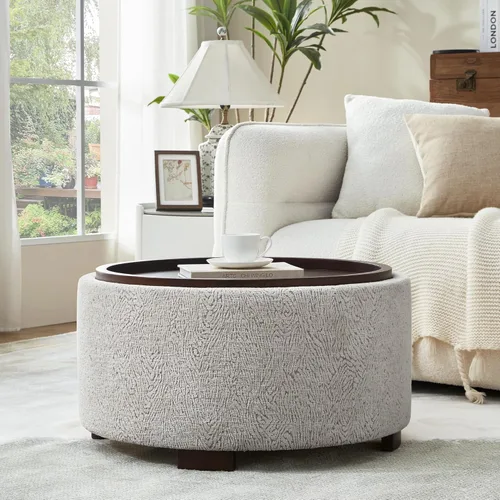 Miniatura 10 de Zihanhome Mesa de Centro Otomana de Almacenamiento Redonda de 30 Pulgadas, Otomana Boucle Moderna con Tapa Desmontable y Patas de Madera Maciza