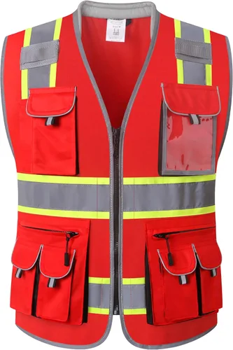 Miniatura 15 de JKSafety Chaleco de seguridad con 10 bolsillos, clase 2, de alta visibilidad, con cremallera frontal amarilla, con tiras reflectantes, cumple