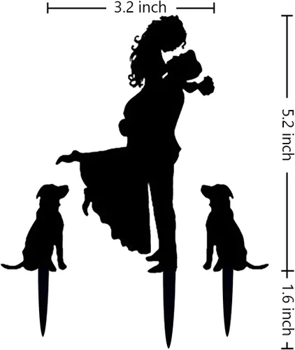 Miniatura 2 de Decoración para tarta de boda - Novia sosteniendo al novio con flores junto a 2 perros de mascota silueta decoración de tarta (Negro)