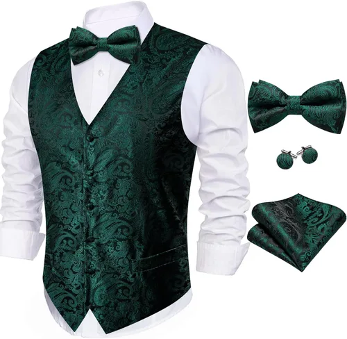Miniatura 57 de Barry.Wang Conjunto de chaleco de pajarita para hombre, chaleco con cuello en V de seda jacquard de cachemira, gemelos de pañuelo formal/ocio, boda