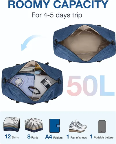 Miniatura 4 de BAGSMART - Bolsa de viaje grande de 40 litros, bolsa de mano para hombres y mujeres, con compartimento para zapatos, color negro, Azul Marino-50L