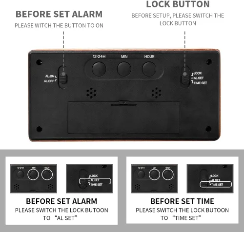 Miniatura 4 de Everwood - Relojes de alarma digitales grandes de madera para dormitorios con pantalla LCD de números grandes, función de repetición, funciona