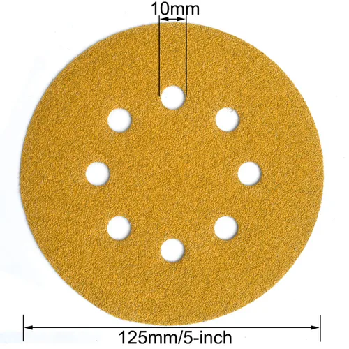 Miniatura 6 de Discos de lija de 5 pulgadas, 8 agujeros, gancho y bucle, granos surtidos 60/80/120/220/400, disco de lija dorado para lijadora orbital, paquete