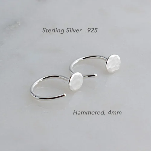 Miniatura 4 de Half Huggie Hammered Silver Disc Hoop Earrings for Women Tiny Cartilage Birthstone Stud Piercing Earring Hypoallergenic Screw Back Dainty Hug