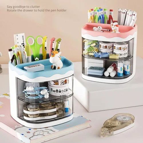 Miniatura 4 de Portalápices, organizador de bolígrafos, soporte para lápices para escritorio, organizador de escritorio con cajón para la escuela, el hogar, Azul