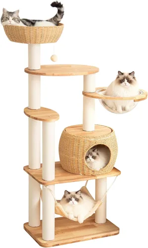 Miniatura 20 de Wood Cat Tree for Large Cats, 50'' Modern Indoor Cat Tower with Basket Beds, Cat Condo & Clear Hammock, Multi-Level Wooden Cat Furniture for Home