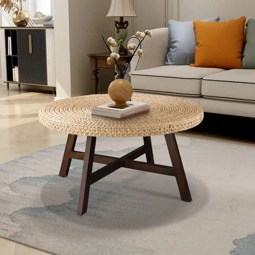 Miniatura 10 de RANDEFURN Mesa de centro redonda, mesa de cóctel de madera de pino maciza con marco en X y marco de X, fácil de montar, varios tamaños para sala