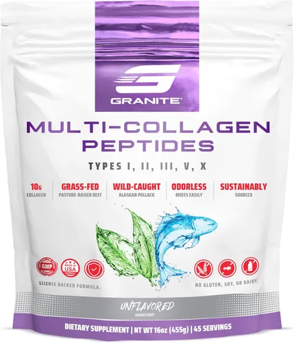 Granite Supplements Polvo de péptidos de colágeno – Vitaminas para el cabello, la piel y las uñas con péptidos de colágeno hidrolizados tipo I, II,