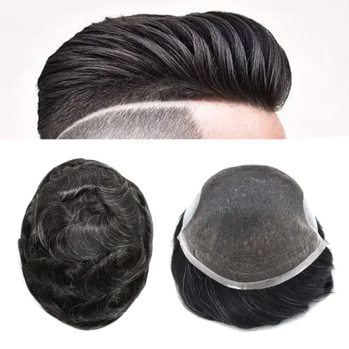 Miniatura 27 de Sistema de repuesto de cabello humano europeo con encaje frontal suizo para hombre, tupé para hombre, pieza de cabello, nudo blanqueado, línea #17