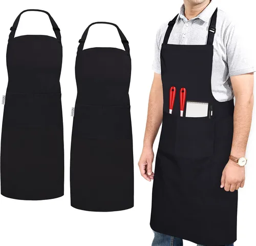 RUVANTI Delantales de trabajo para hombres y mujeres con bolsillos, ajustables hasta XXL, durabilidad de grado profesional, delantal negro para