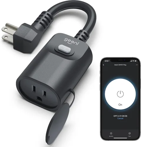 Geeni Enchufe inteligente para interiores y exteriores, resistente a la intemperie, control remoto inalámbrico de 1 toma y temporizador – funciona