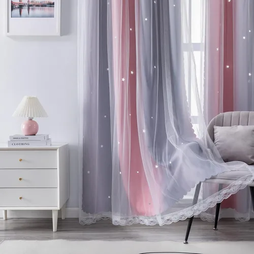 Miniatura 23 de XiDi Cortinas opacas con estrellas para habitaciones de niños, cortinas verdes para ventana de dormitorio de niños, azul y gris, 52 pulgadas de Azul