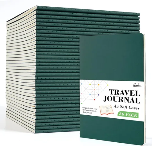Feela - Paquete de 36 cuadernos de tapa blanda en masa, cuaderno en blanco rayado para viajes para mujeres y hombres, cuadernos rayados para la 36