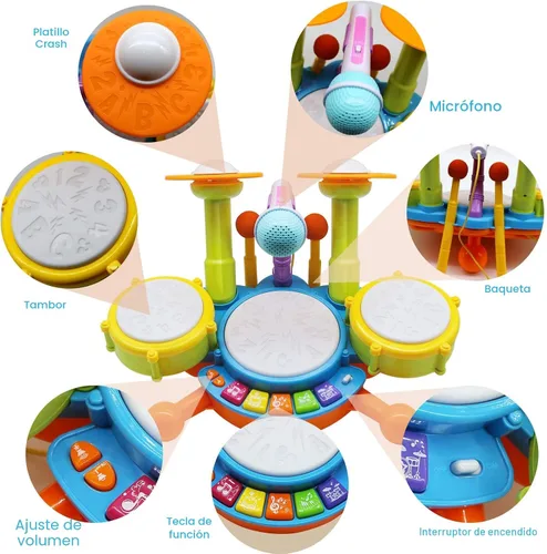 Miniatura 3 de Juego de batería para niños pequeños, instrumentos musicales para niños, juguetes para regalos de cumpleaños de niños, kit de batería eléctrica