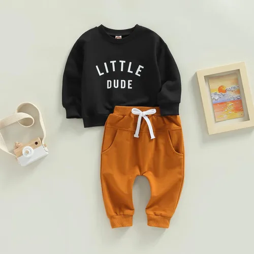 Miniatura 2 de Ropa de otoño para bebé recién nacido niño, manga larga, cuello redondo, estampado de letras, sudadera superior, pantalones largos, lindos conjuntos