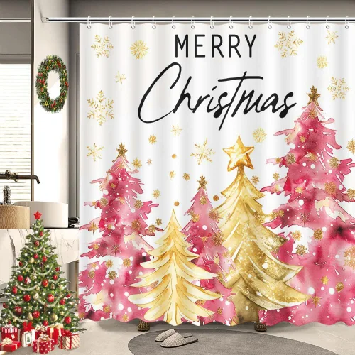 Miniatura 9 de MEHOFOND Cortina de ducha de Navidad rosa con árbol de Navidad, cortina de baño de tela impermeable con 12 ganchos, 72 x 72 pulgadas
