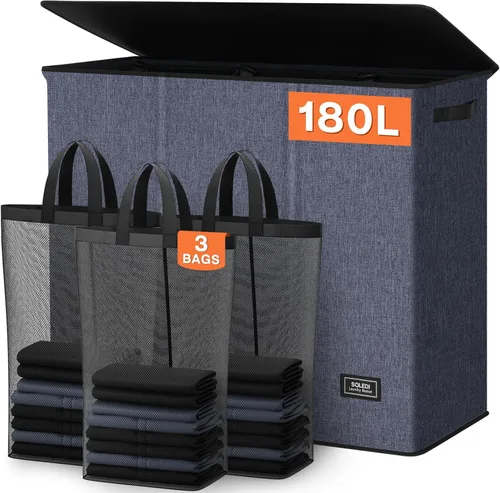 Miniatura 17 de SOLEDI Cesta de ropa sucia de 180L de 3 secciones, cesta de ropa sucia extra grande con tapa, cesta de ropa sucia con asa resistente, organizador