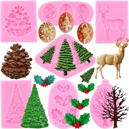 Miniatura 12 de ZiXiang Moldes de fondant de Navidad, copo de nieve, muñeco de nieve, piña, reno, bombilla, hojas de acebo, caramelo, chocolate, moldes de silicona