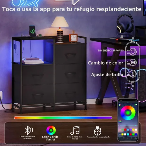 Miniatura 5 de Somdot Mesita de noche negra con estación de carga y luz LED, cómoda ancha de 5 cajones para dormitorio con contenedores de tela y estante abierto