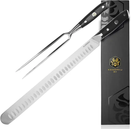 KESSAKU Juego de cuchillo de trinchar de 12 pulgadas y tenedor de carne de 7 pulgadas, serie Dynasty - ThyssenKrupp forjado alemán HC acero Granton