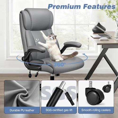 Miniatura 8 de BESTFAIR Silla ergonómica de oficina, silla de escritorio para computadora, sillas ejecutivas de cuero con respaldo alto con soporte lumbar Gris