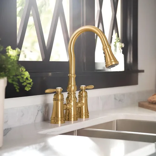 Miniatura 2 de Moen Grifo de cocina de puente desplegable de dos manijas Weymouth de oro cepillado, S73204BG