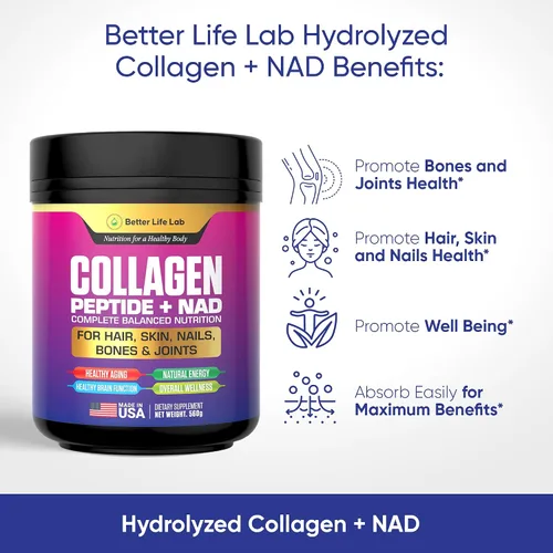 Miniatura 2 de BETTER LIFE LAB Péptidos de colágeno hidrolizados con NAD – Apoya el cabello, la piel, las uñas, las articulaciones y los huesos – Colágeno tipo I