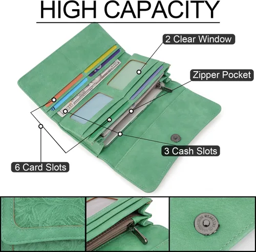 Miniatura 31 de MEITRUE Cartera de cuero para mujer, con bloqueo RFID, triple pliegue, con relieve, soporte para tarjetas, organizador de chequera para teléfono