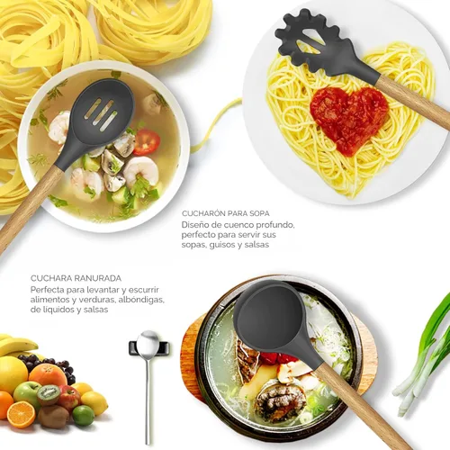 Miniatura 2 de oannao Juego de utensilios de cocina de silicona, resistente al calor, espátula, pinzas giratorias, cuchara, batidor, utensilios de cocina para Gris