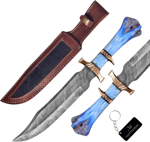 Cuchillos Bowie 16" Cuchillo de caza hecho a mano con funda de piel, Cuchillo Bowie de hoja fija de acero de Damasco forjado a mano, mango de hueso