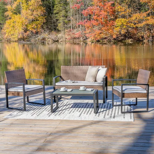 Miniatura 5 de JONATHAN Y Elina LVG1102B-4SET - Juego de 4 piezas para patio al aire libre, muebles modernos de mimbre con cojines y mesa de centro de madera