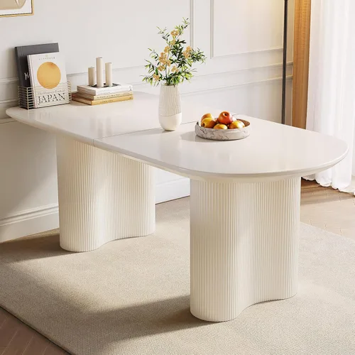 Miniatura 33 de Mesa de comedor negra de 55 pulgadas, una mesa rectangular de extremo redondeado con patas de diseño ondulado para cocina, comedor, oficina en casa