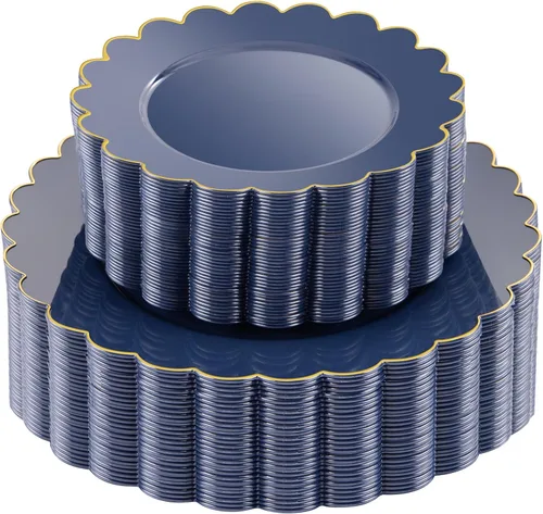 Miniatura 14 de LIYH - 120 platos de plástico azul bebé con borde dorado, platos desechables de plástico azul claro, incluye 60 platos llanos de 10.25 pulgadas y 60